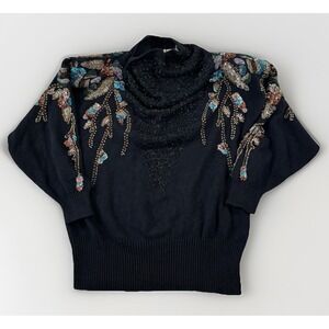 Bonnie Boerer Vtg Black Floral/Feather Sequin Sweater 2x New Years Eve Party